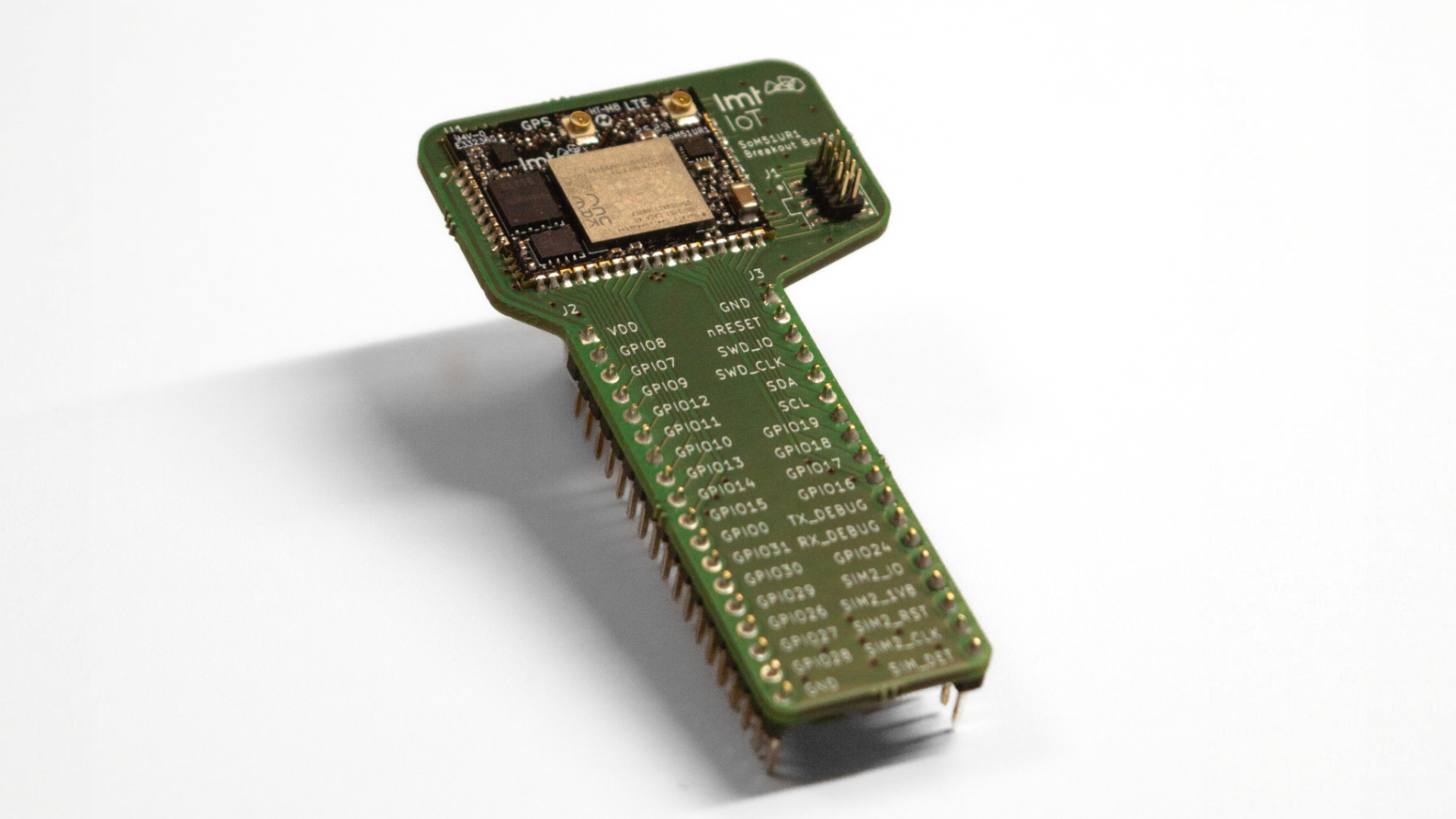 Evaluation board with the LMT IoT System on Module mounted, used for testing and developing IoT devices.