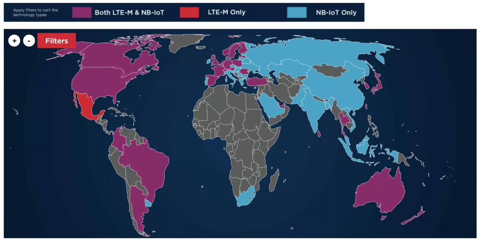 Global coverage map showing LTE-M and NB-IoT availability by country, including regions with LTE-M only, NB-IoT only, or both technologies