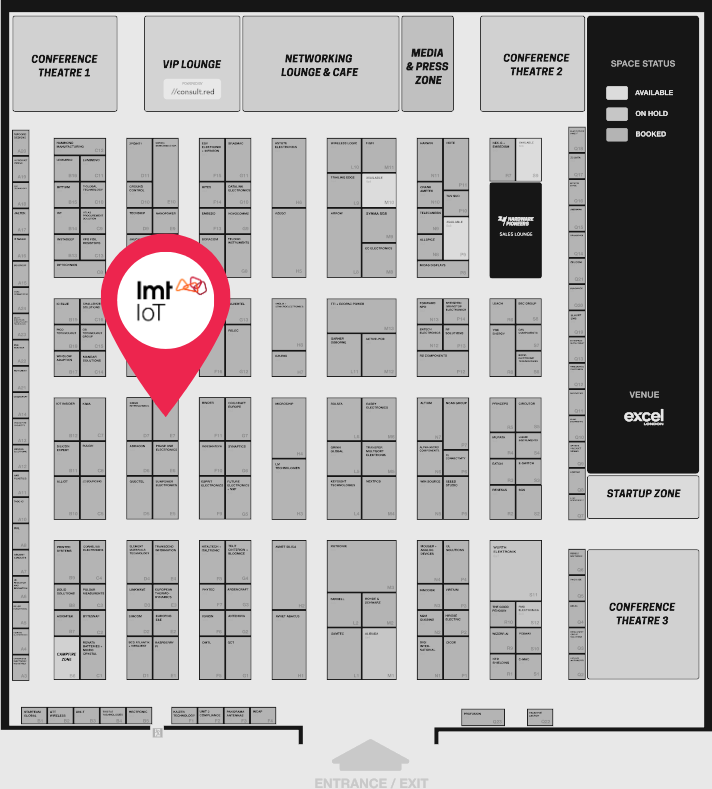 Event floor map of Hardware Pioneers showing LMT IoT booth location marked with a red pin among conference theatres, networking lounge, and exhibition stands.