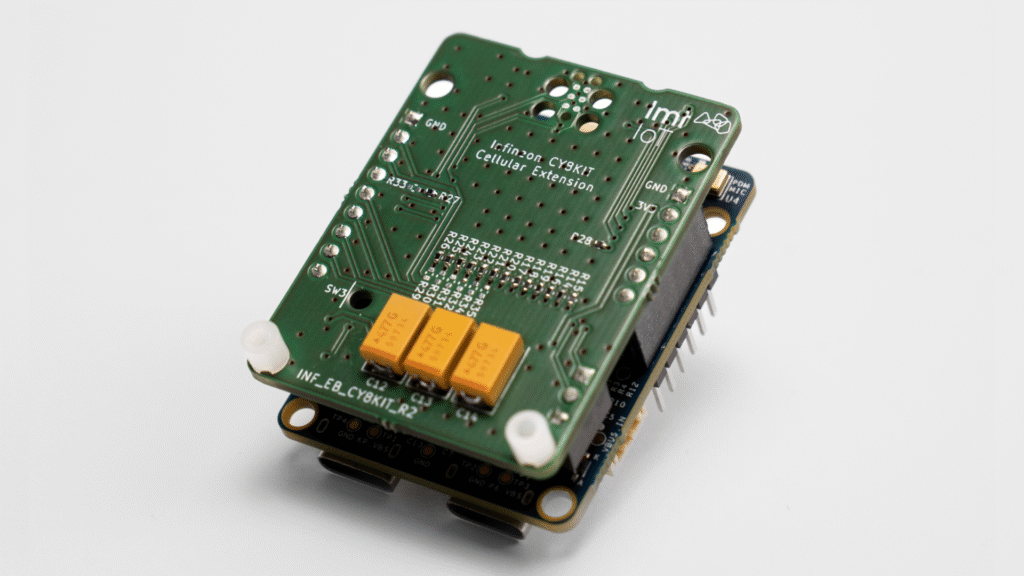 A detailed close-up photo of the LMT IoT Infineon CY8KIT Cellular Extension board attached to an Infineon hardware development kit. The compact green PCB features electronic components, connectors, and the LMT IoT logo. The hardware is designed to simplify LTE-M and NB-IoT connectivity for edge AI and low-power IoT product development.