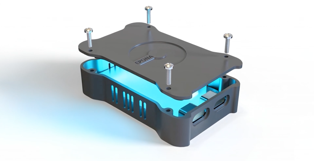 Exploded 3D rendering of an EPONA sensor enclosure with its lid and screws raised.