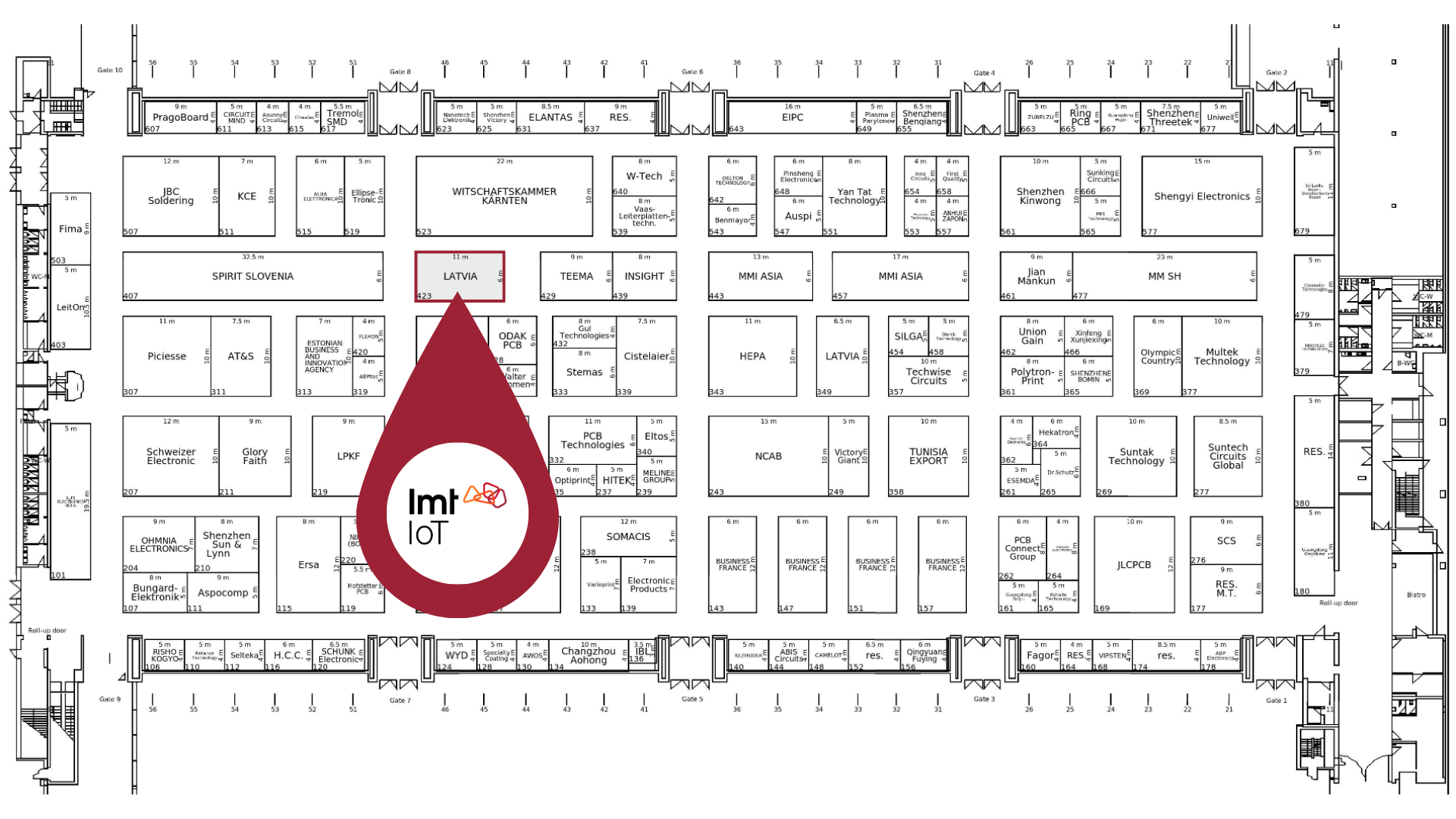 Hall A2 map for electronica 2026 with the Latvia stand, number 423, highlighted as the location of LMT IoT.