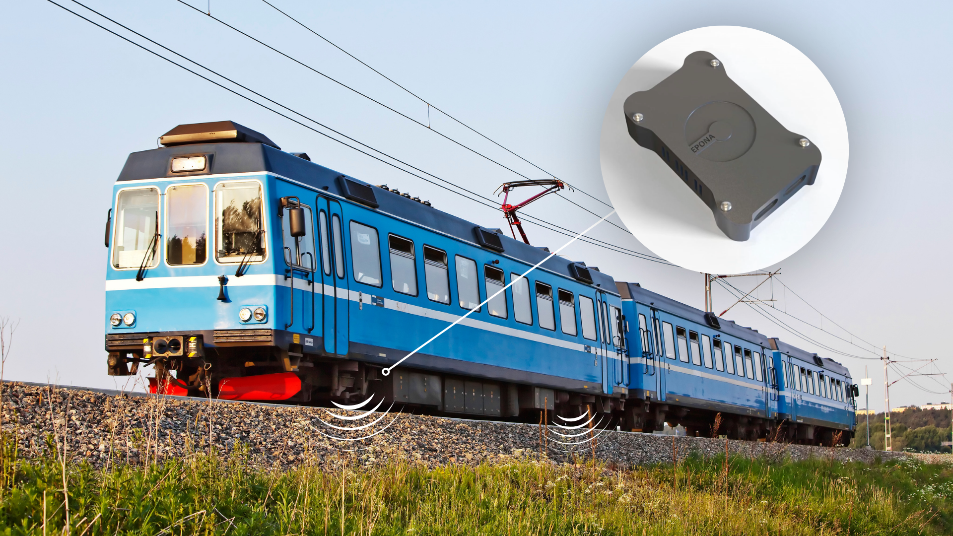 Mock-up showing the placement of an Epona AI Labs acoustic sensor beneath a passenger train carriage.