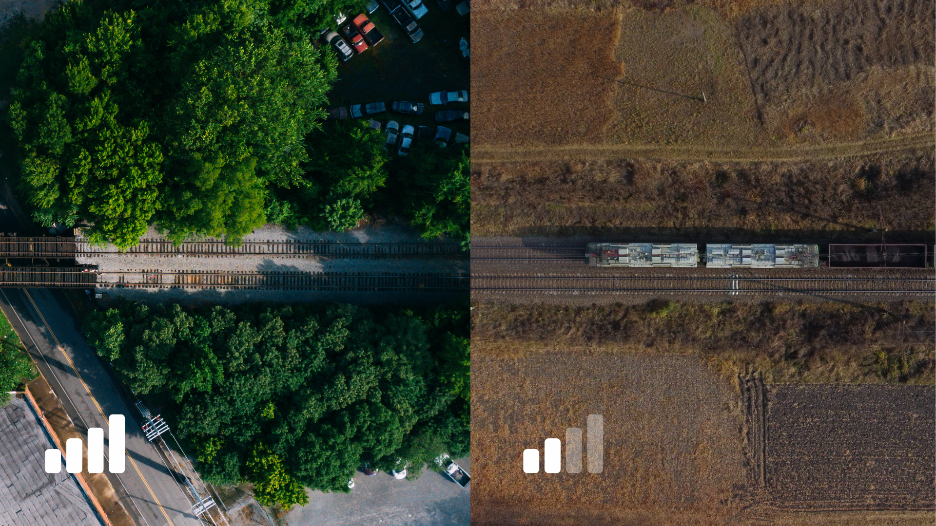 Split aerial view of railway tracks in a wooded urban area and a train crossing rural fields, with cellular signal indicators.