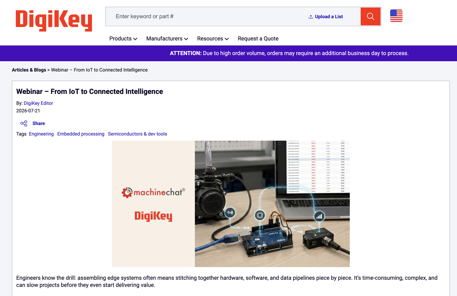 Machinechat and DigiKey webinar header showing connected IoT hardware and a laptop