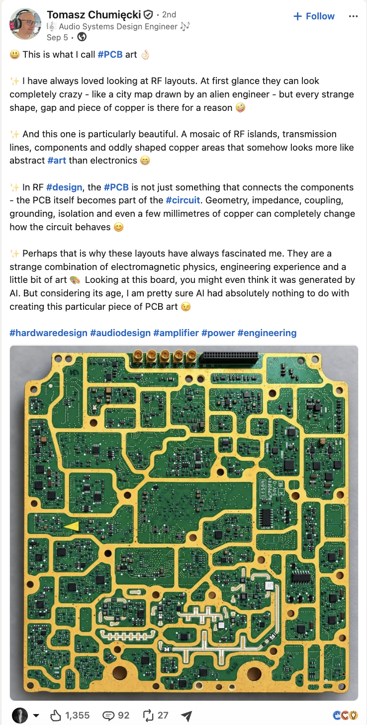 An intricate green and gold RF printed circuit board layout resembling an abstract map